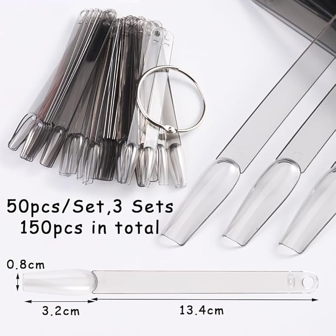 150 Pcs Nail Swatch Sticks with Ring, Transparent Black Ballerina Nail Art Tips, Long Coffin False Nail Sample Sticks, Polish Gel Display Practice Tools Nail Supplies for Home or Salon Use