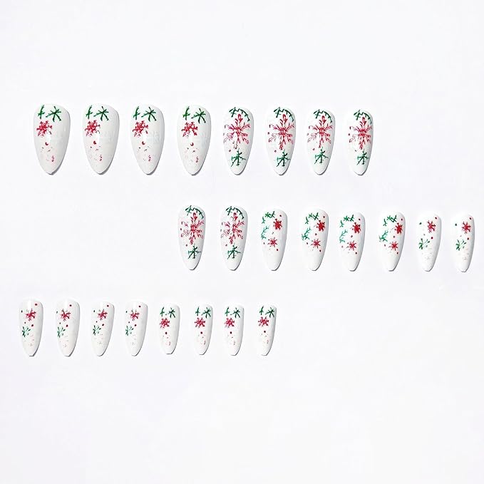 Christmas Press on Nails MABKJLF Medium Almond Fake Nails Green Twig False Nails with Snowflake Designs Full Cover Glossy Glue on Nail Winter Reusable Acrylic Nails for Women Girls 24Pcs