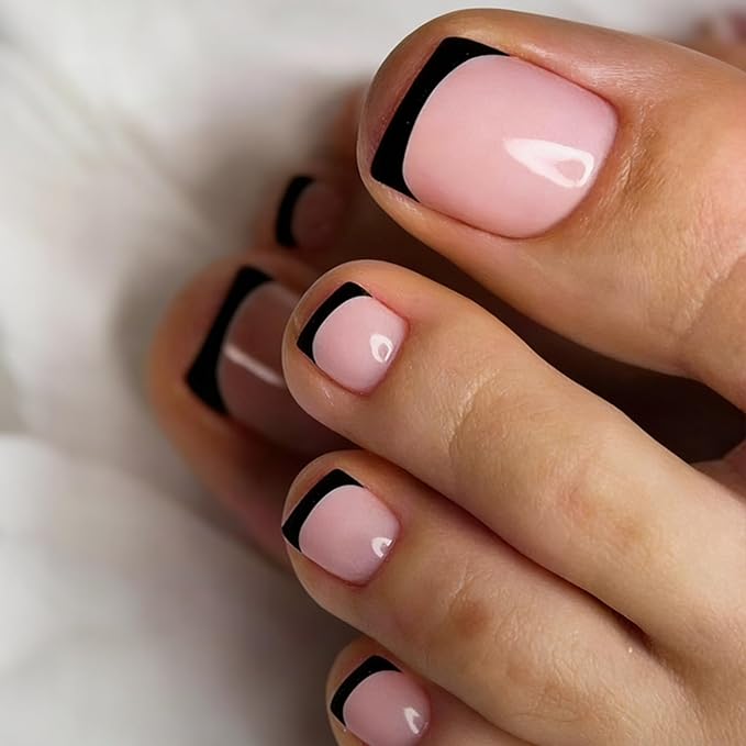 34 Pcs Semi Cured Gel Toe Nail Strips Black French Tip Gel Nail Stickers Full Cover Nails Wraps Self Adhesive Toe Nails Polish Strips Stickers for Women UV/LED Light Required
