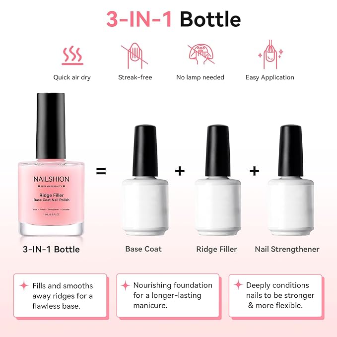 Nail Ridge Filler Base Coat Nail Strengthener Grow, Ridge Filler for Damaged Uneven Nails, VE Protein Formula, Smooth Flawless Base, Vegan, Salon-Quality Nail Art at Home, 0.5 fl. oz