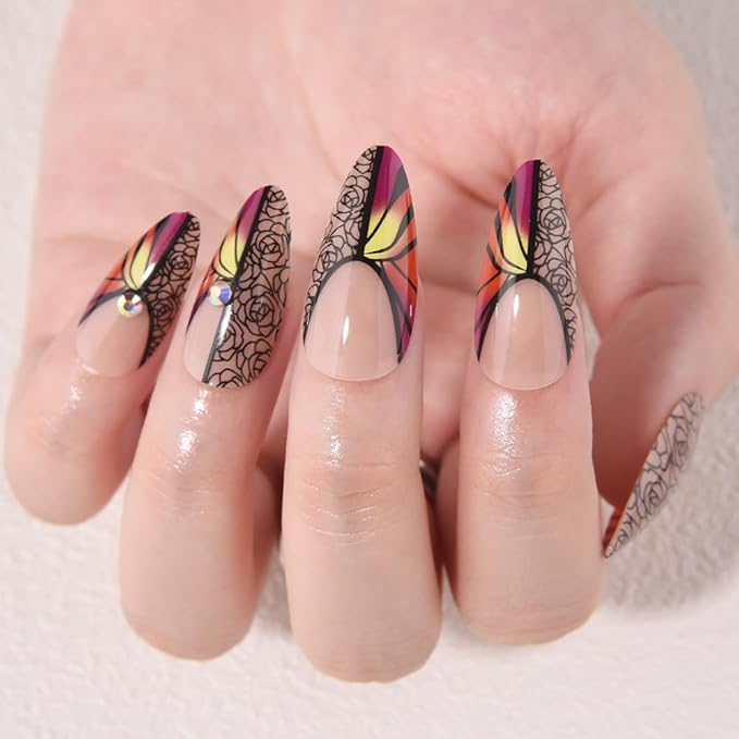 Nude Press on Fake Nails Medium Almond with Black Rose Design, Press on Nails Rheinston Design Reusable Manicure for Women Girls, Perfect Fit Stick on Nail Press ons Glossy Finish, 24Pcs