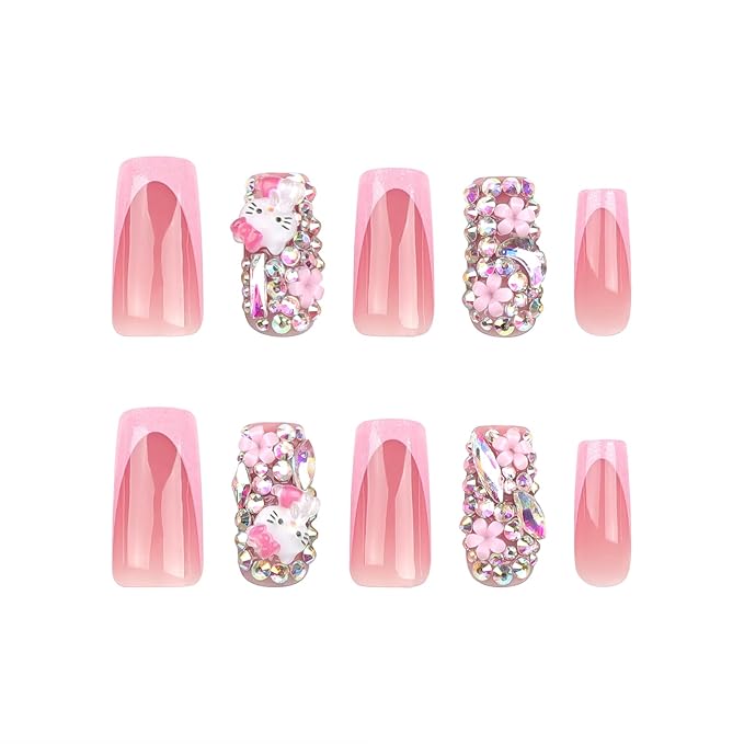 Pink Glitter French Tip Press on Nails Medium Square Fake Nails Glossy Rhinestones Full Cover Coffin False Nail with Rhinestones Charms Design Acrylic Nail for Women 24Pcs