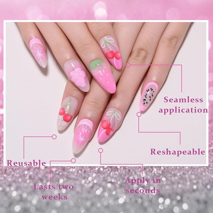 3D Press on Nails Medium Almond with Pink Strawberry Design, White Paw Print Fruite Nail Press ons Glossy Stick on Nails for Women Reusable with Kit, Stick on Cute Fake Nail with Designs Perfectly Fit