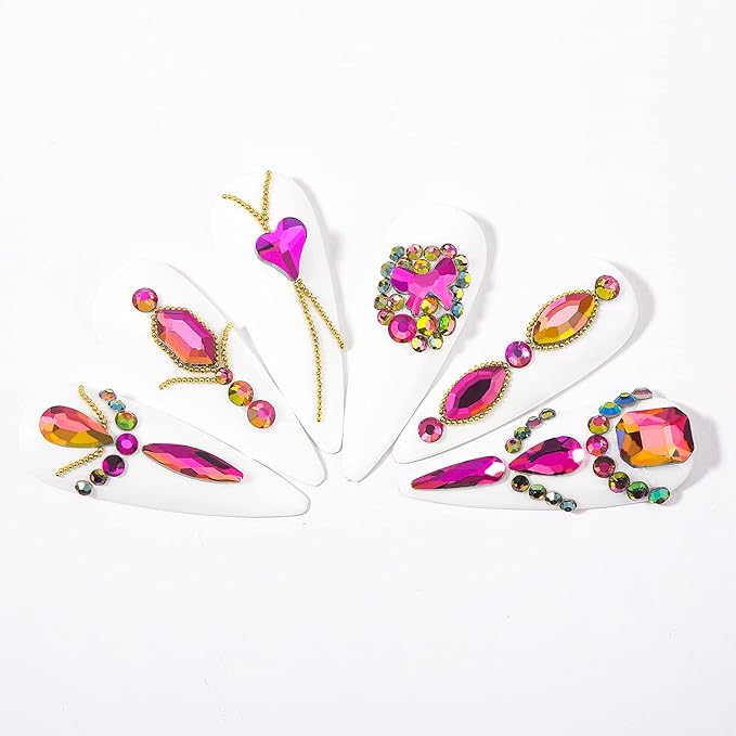 Nail Rhinestones Kit 9080PCS Flatback Rhinestones for Nail Crystals Decoration Nail Hearts Multi Shapes Mix Size Metal Beads Pearl Gold Silver with Glue Gel and Pen Brush Tweezers (Flame Red)
