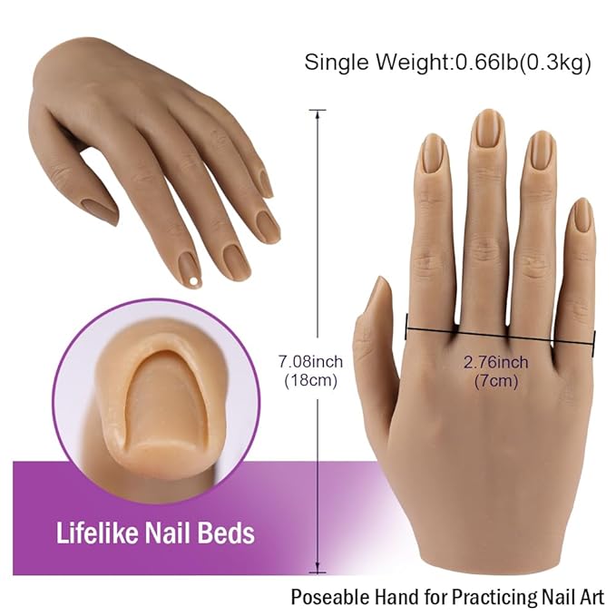 Practice Hand for Acrylic Nails Silicone Female Mannequin Life Size Hand with Insertable Nails for Nail Art Beginners/Nail Salon Artists A Pair of Hands Color 2#