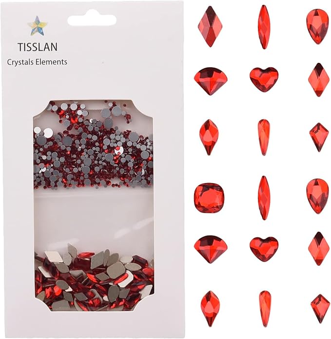 100pcs Glass Red Nail Rhinestones Shapes Mix 720pcs Flat Back Crystal Gem Stones Nail Decoration Charms Bulk Pack Supply