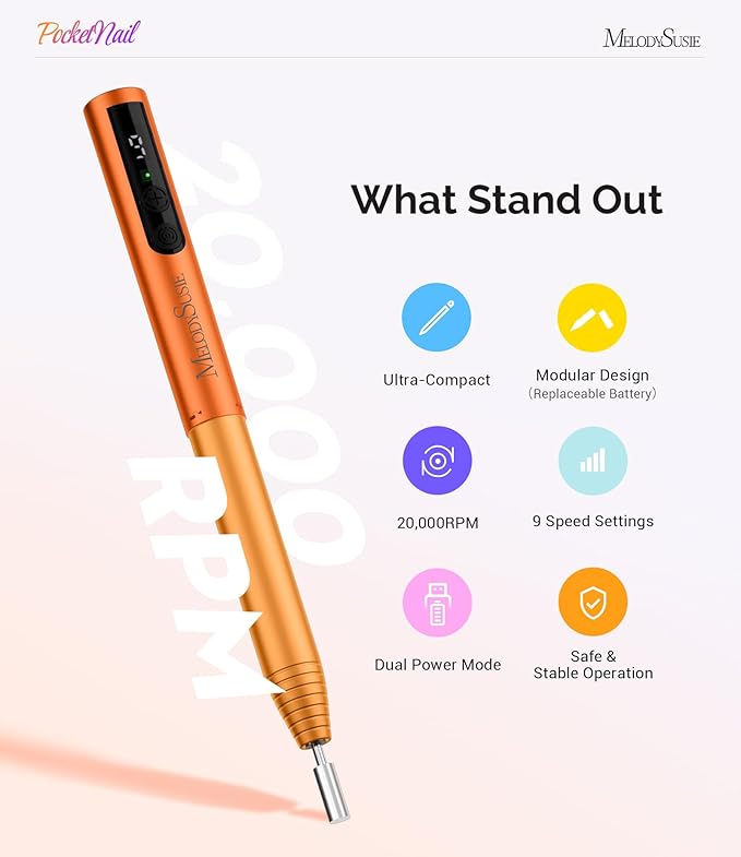 MelodySusie PocketNail Pen-Shaped Cordless Modular Nail Drill, Extended Kit, PC100GR 20000RPM Slim Portable Rechargeable Electric File for Nail Care & Gel Removal at Home for Beginners, Party Peach