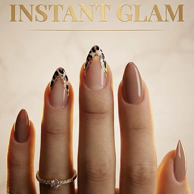 Short Almond French Tips Press on Nails Gold Glitter Striped False Nails with Leopard Print Designs Brown Full Cover Glue on Nails Removable Acrylic Stick on Nails For Women 24 Pcs