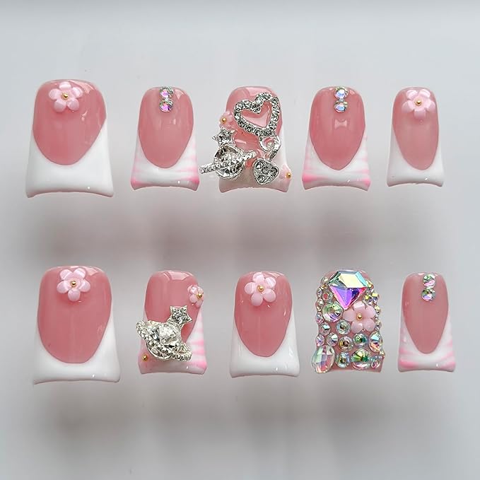 Luxury Press on Nails Short Duck Handmade 3D Unique Reusable ABS Material Fake Nails White French Tip False Nails with Designs Pink Flower Rhinestones Glossy Glue on Nail Thick Acrylic Nail(S)