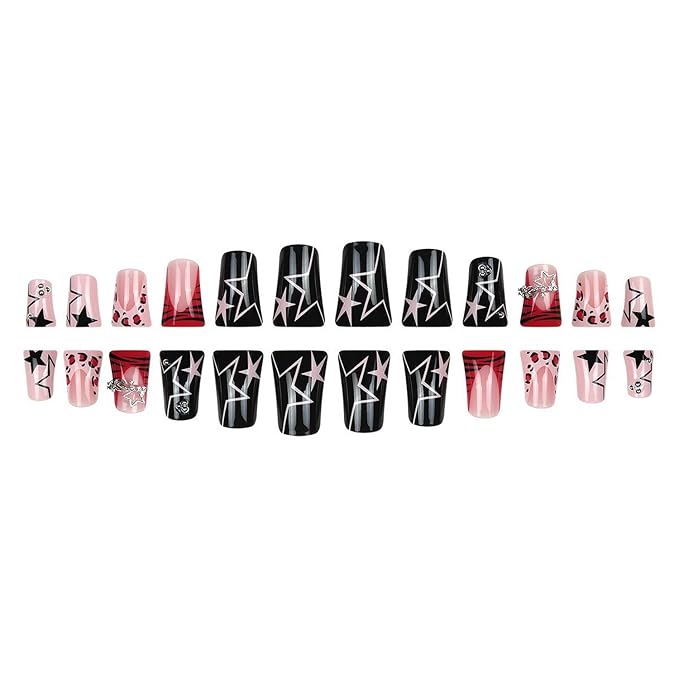 Duck MABKJLF Handmade French Tip Fake Nails - Pink & Black Full Cover Star Dollar Charm False Nails with Designs - Y2K Glossy Glue on Acrylic Artificial Nails for Women & Girls