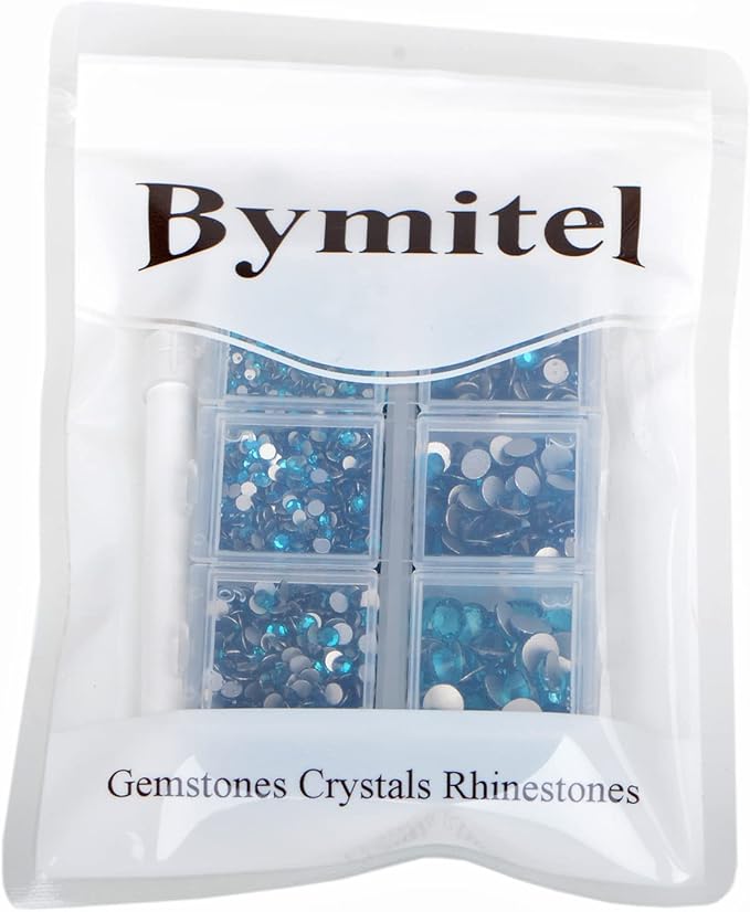 Bymitel 5000 Pieces 6 Mixed Sizes Glue Fix on Glass Rhinestones Round Crystal Gems Flatback for DIY Jewelry Making with one Picking Pen (6-Sizes 5000PCS, Blue Zircon)
