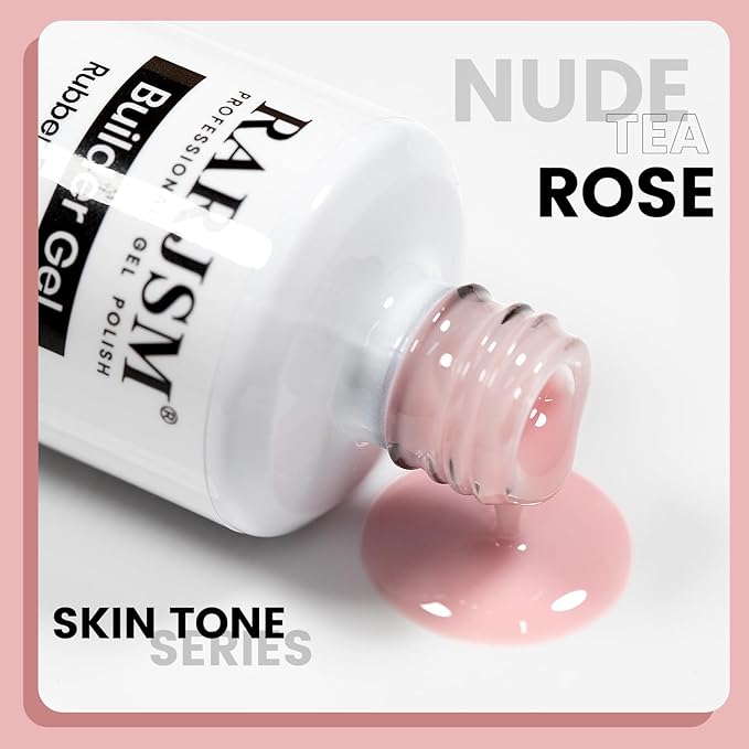RARJSM Rubber Base Gel Nail Polish Tea Rose Pink Nude Skin Tone Rubber Base for Nails Natural Nude Color French Manicure Brush on Extend Gel Builder Soak Off Curing Requires 15ml Salon Home DIY