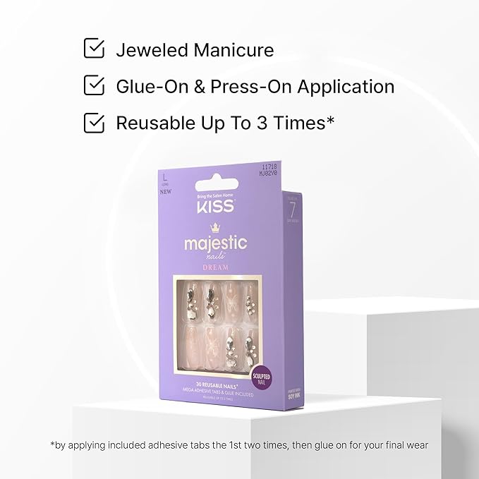 KISS Majestic, 30 Pcs Press On Nails, Medium Coffin Fake Nails, Pink Butterfly Glitter Design with Gems, Reusable Stick On Extensions Full Cover Kit with Glue, Adhesive Tabs, Manicure Stick & File