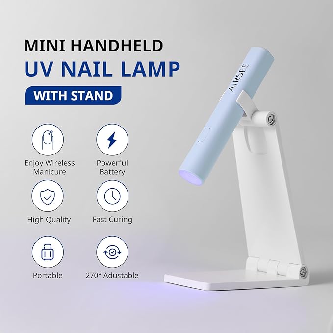AIRSEE Mini Handheld UV Light with Stand,Portable Rechargeable Nail Lamps,2 Timers for Fast Nail Extension,Rhinestone Glue Decoration,Gel Strips at Home,Travel(Blue)