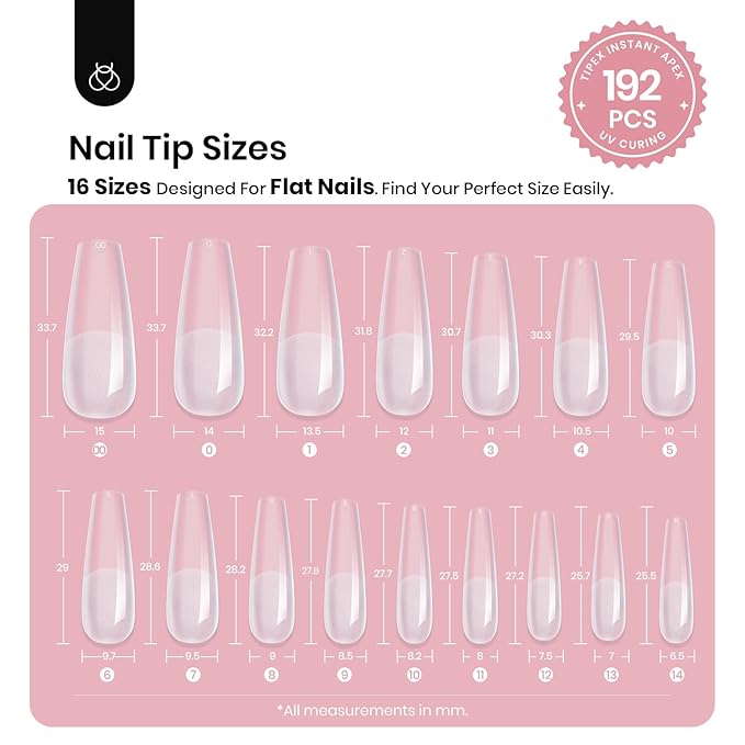 Beetles Tipex Instant Apex Nail Tips Coffin Long 16 Sizes 192 Pcs Pre-Etched Pre-Building Strong Thick Acrylic Tips