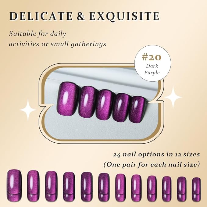 Purple Cat Eye Press on Nails Medium Square, Medium Square Stick on Fake Nails for Women Gift, Dark Purple Holographic Glitter Glossy Reusable Soft Gel Stick Press on Acrylic False Nail with Designs