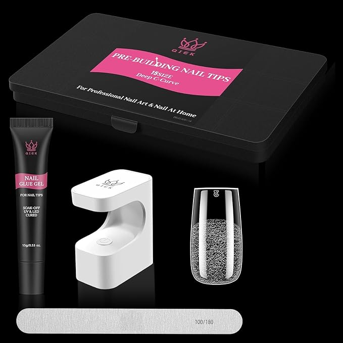 Medium Square Pre-Building Nail Tips Kit, 15 Sizes 240 PCS Pre-shaped Apex Clear Thick Extensions Tip Soft Half Matte Press On Fake Nails Glue Gel Nail Lamp for DIY Beginners & Salon Manicure