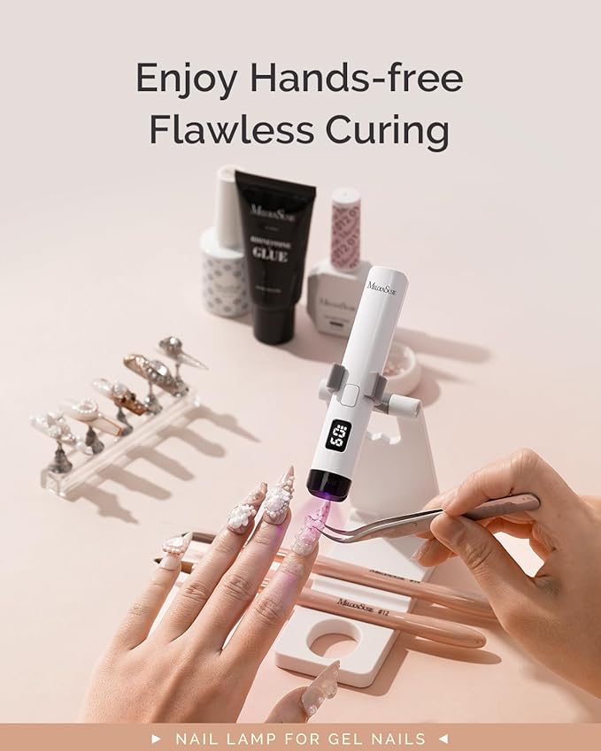 MelodySusie Handheld UV Light for Gel Nails with Stand, Mini Portable Cordless Nail Lamp with LCD Display, Eye-Protective Cover, Flash Curing for Glue, White