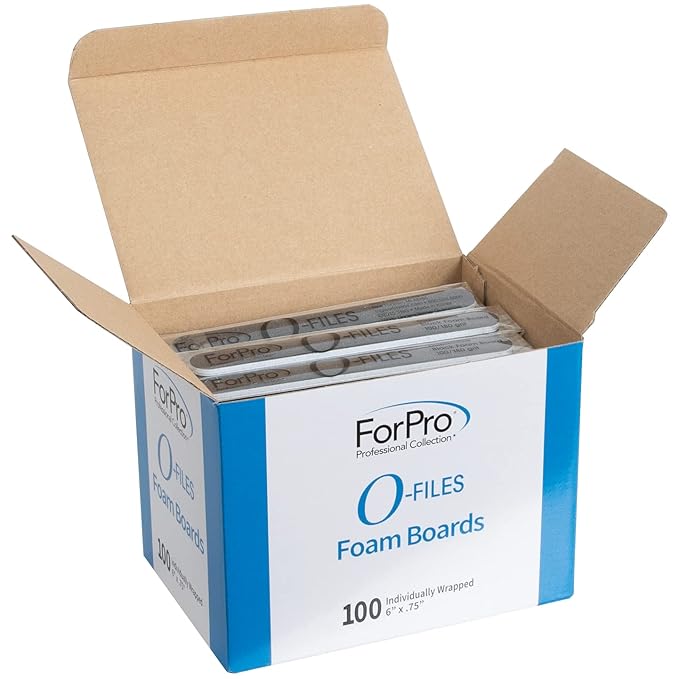 ForPro Professional Collection O-Files Foam Board, Double-Sided Manicure Nail File, 100/180 Grit, Individually-Wrapped, 6” L x .75” W, Black, 100-Count