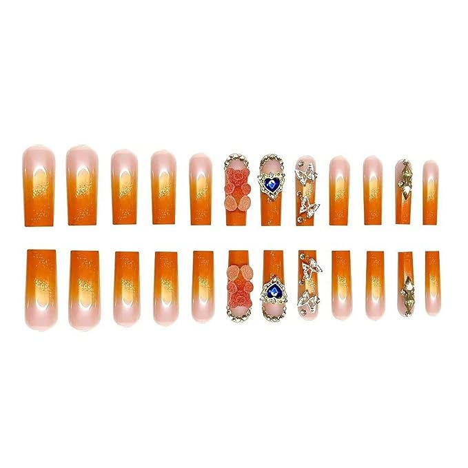 Press on Nails Long Square Fake Nails French Tip Orange Ombre False Nails with Charms Designs Glitter Acrylic Nails for Women 24Pcs
