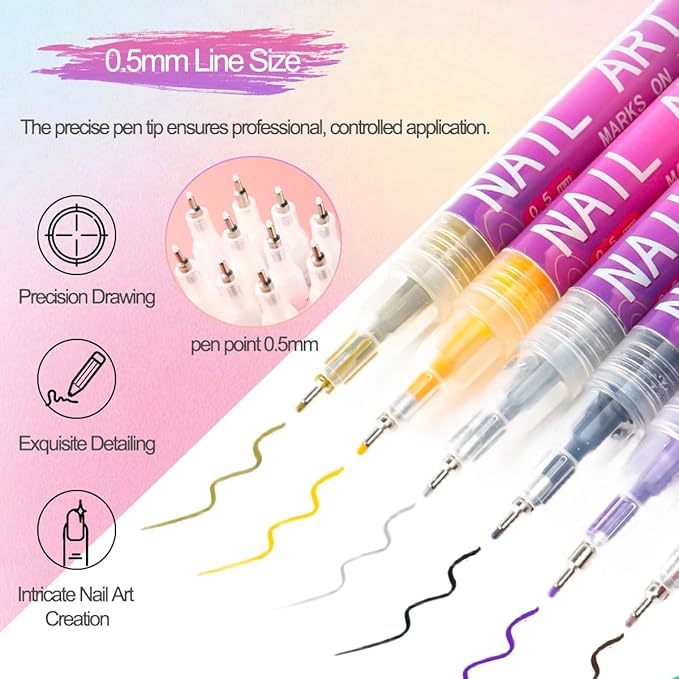 12 Colors Nail Art Pens Set, Nail Art Markers 0.5mm Fine Tip Polish Pens Graffiti Dotting Pen Drawing Painting Liner Brush for DIY Nails Design Decoration Manicure Tools