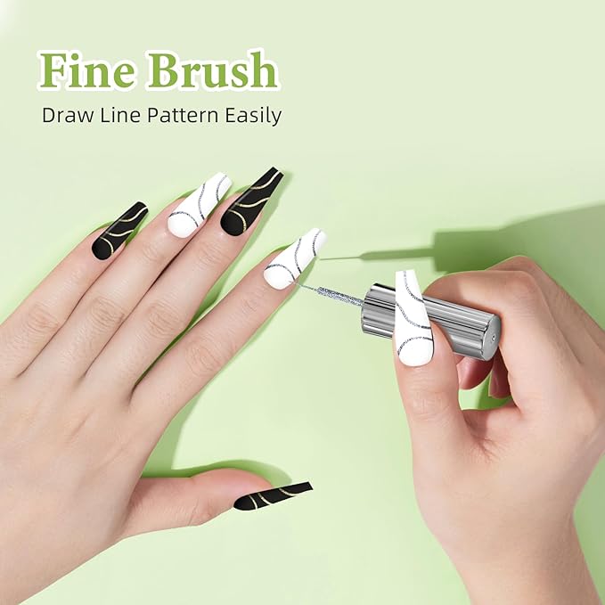 Gel Nail Art Polish Set with Thin Brush – 4 Colors White Gel Nail Polish Black Silver Glitter Liner for Nail Art Design French Tips Soak Off UV/LED 8ml