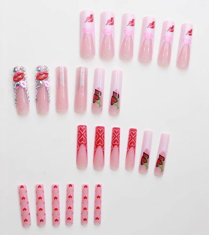 Press on Nails Square - Extra Long Fake Nails with 3D Rhinestones and Lips, White French Tips Cute Red False Nail, Fall Stick On Nails for Women, 12 Sizes - 24 Nail Kit, Velvet Temptation