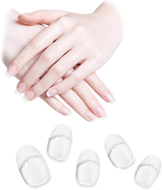 Semi Cured Gel Nail Strips White French Tip with Clear Base & Silver Glitter Line, 20 Pcs DIY Gel Nail Wraps, Beginner-Friendly, Salon-Quality, UV Light Required