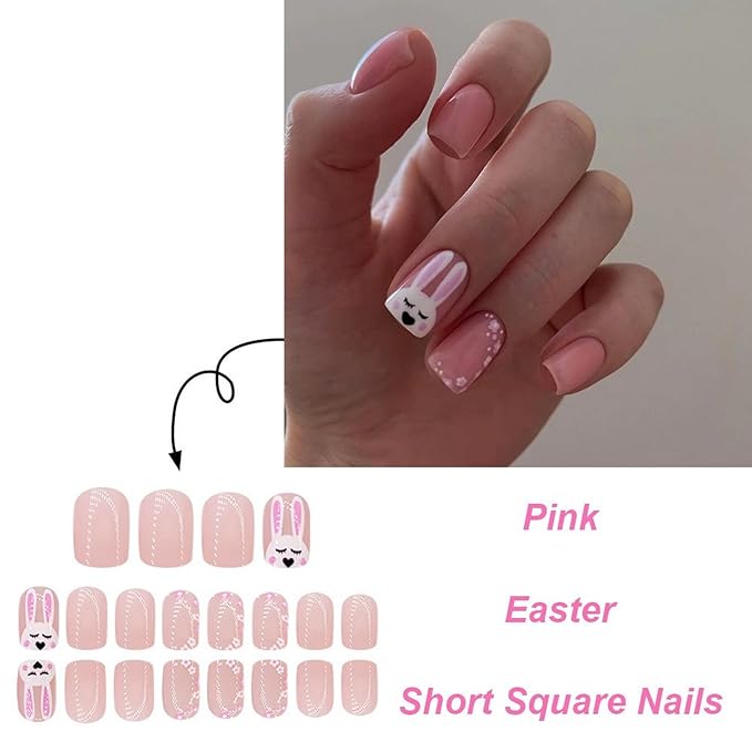 Easter Press on Nails Short Square Fake Nails Cute Bunny Pink Flower Garland Designs Glossy False Nails Easter Day Nail Art Decorations Full Cover Acrylic Nails for Women Nail Art Manicure 24 Pcs