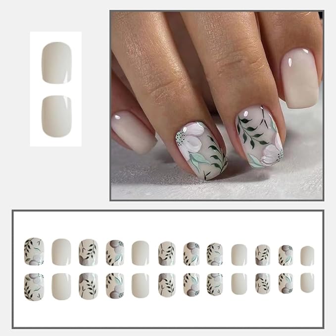 Press on Nails Square Short Fake Nails Press ons Artificial Acrylic Nail Tips Kit Full Cover False Nail with Flowers Leaves Glossy Designs Stick on Nails for Women 24Pcs