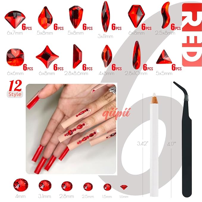 2052Pcs Red Nail Rhinestones 72 Multi Shapes Siam Red Rhinestones for Nails Flatback Nail Gems K9 Glass Round Ruby Red Beads Stones Diamonds Nail Charms Art for Nails Faces Eyes Makeup Crafts