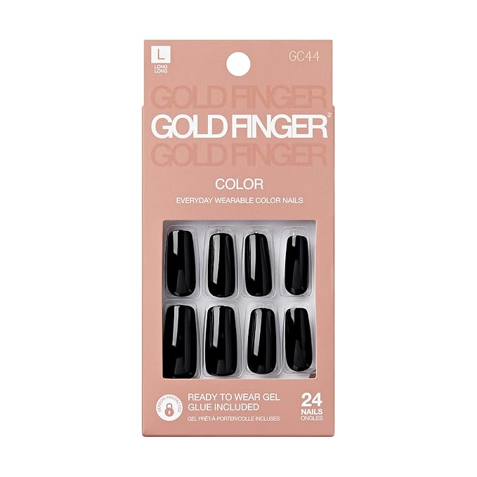 GoldFinger False Nails Kit, Ready to Wear Black Fake Nails, Manicure Stick and Glue Included, Long Squoval Shape, Long-Lasting Hottest Trend Glue on Nails, Convenient & Easy to Apply, All Occasions