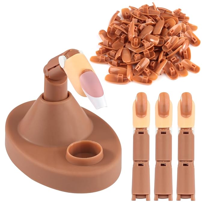 Acrylic Nail Practice Finger Kit, BORNBYME Acrylic Nail Training with 1 Base Stand, 3 Adjustable Fake Fingers, 100 Brown Nail Tips, Movable Training Nail Practice for Nail Beginner…