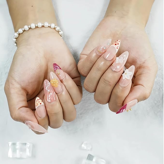 Light Pink Press On Nails - Medium Almond Handmade 3D Floral Gradient Color with Water Drop Butterfly Decor & Seashell,Hand-painted French Tip for Spring Summer (Hand Painting,S)