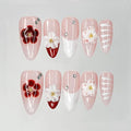 Luxury Press on Nails Medium Almond Handmade 3D Unique Reusable ABS Material Fake Nails Red&White False Nails with Designs Rhinestones Floral Art Petal Glossy Glue on Nails Thick Acrylic Nails(M)