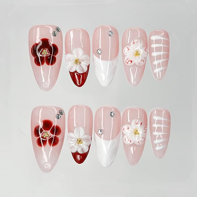 Luxury Press on Nails Medium Almond Handmade 3D Unique Reusable ABS Material Fake Nails Red&White False Nails with Designs Rhinestones Floral Art Petal Glossy Glue on Nails Thick Acrylic Nails(M)