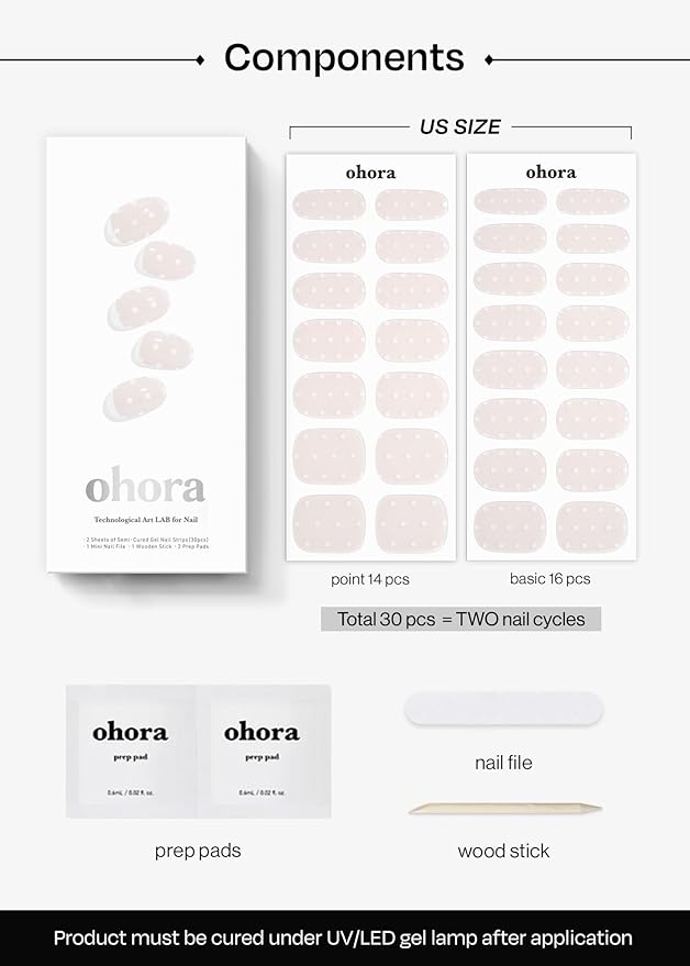 ohora Semi Cured Gel Nail Strips (N Polka Blanc) - Works with Any Nail Lamps, Salon-Quality, Long Lasting, Easy to Apply & Remove - Includes 2 Prep Pads, Nail File & Wooden Stick