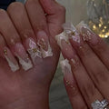 Press on Nails Square - White French Tip Fake Nails with Flower Butterfly Design - Medium Long False Nails - for Women 24 Pcs