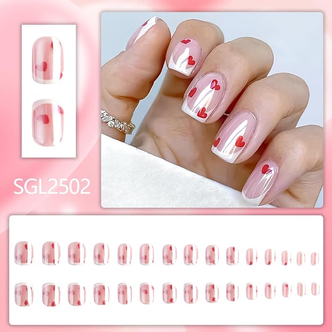 Valentines Press on Nails Short Square Fake Nails Chrome Nails Press ons with Red Love Heart Design Full Cover Stick on Nails for Women Manicure,Reusable | Glue Tabs | Easy Apply | 24Pcs