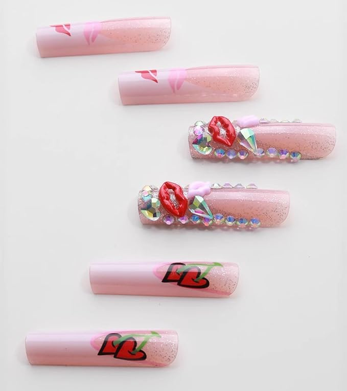 Press on Nails Square - Extra Long Fake Nails with 3D Rhinestones and Lips, White French Tips Cute Red False Nail, Fall Stick On Nails for Women, 12 Sizes - 24 Nail Kit, Velvet Temptation