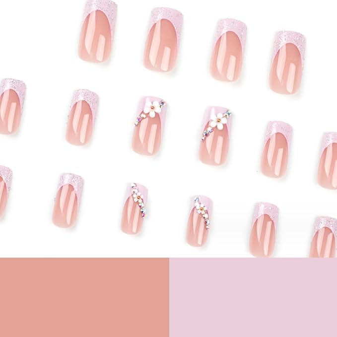 Hkanlre French Square Press on Nails Medium Fake Nails Tips Full Cover Flower False Pink Nails for Women and Girls 24PCS