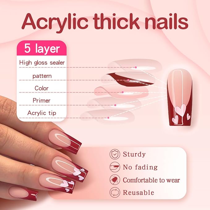 Yivaiks Red French Tip Press on Nails Medium Coffin Valentines Day Fake Nails With Designs Heart Acrylic Nails Press ons Full Cover Artificial Stick on Nails for Women Girls 24pcs