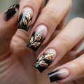 Gold Leaf Press on Nails Medium Square Fake Nails Black Ombre False Nails 3D Golden Leaves Glue on Nail Glossy Gradient Acrylic Nails for Women Girls 24Pcs