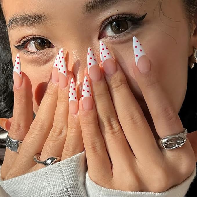 Press On Nails Sharp Coffin - Red Polka Dot Pop Art Fake Nails, Glossy Pink French Tip Artificial Nails for Women, Reusable Adhesive Nail Kit (24 Pcs)