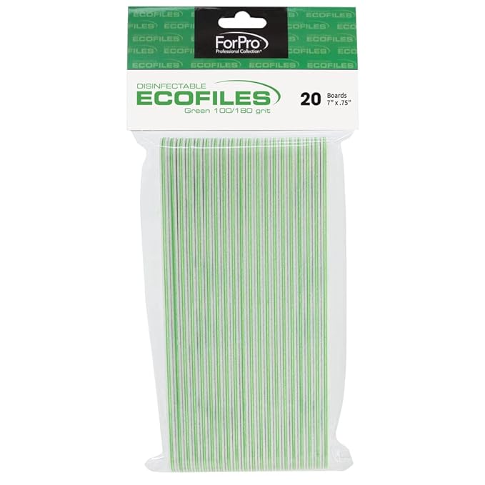 ForPro Professional Collection ECOFILES Eco-Friendly Foam Boards, Green, 100/180 Grit, Double-Sided Manicure and Pedicure Nail Files, 7” L x .75” W, 20-Count