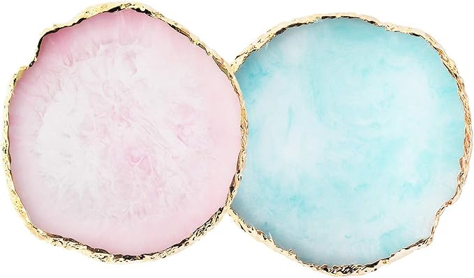 JASSINS Resin Nail Art Palette,Nail Art Painting Mixed Color Palette Gold Edge Nail Gel Color Makeup Display Board (Pink+Blue)