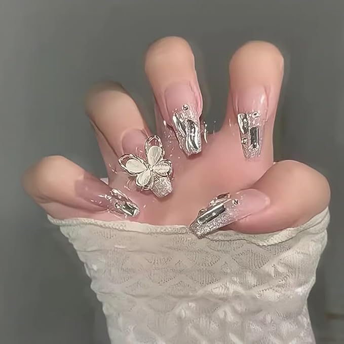 Press-On Nails, Medium Length Translucent False Nails with Diamonds, Inlaid with Butterfly and Diamonds, Suitable for Individuality Exquisite Girls and Women False Nails 24pcs (With Tool Kit)