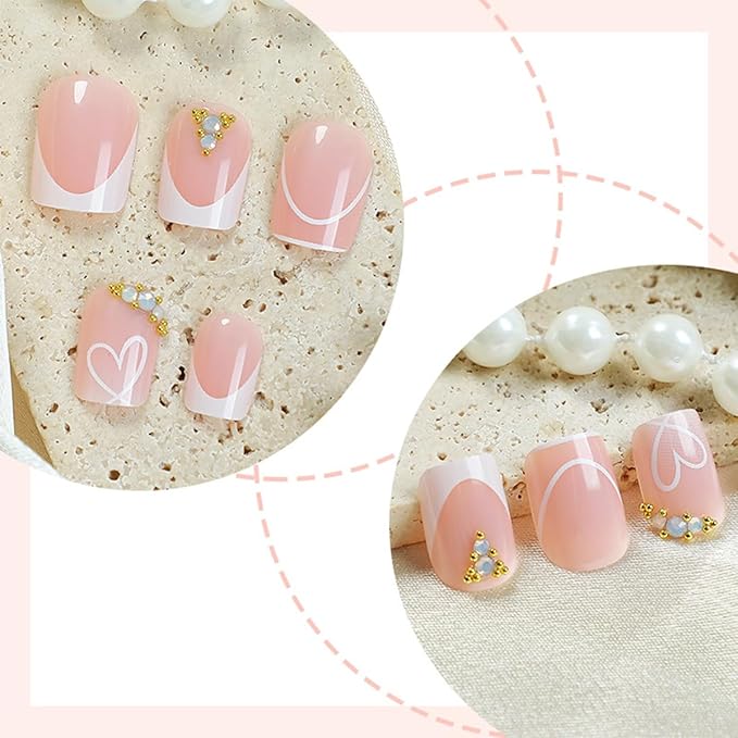 24Pcs Valentines Day French Tip Press on Nails Short Square Heart Fake Nails with Rhinestones Designs Glossy Nude Pink Stick on Nails White Heart Glue on Nails Valentines False Nails for Women Girls