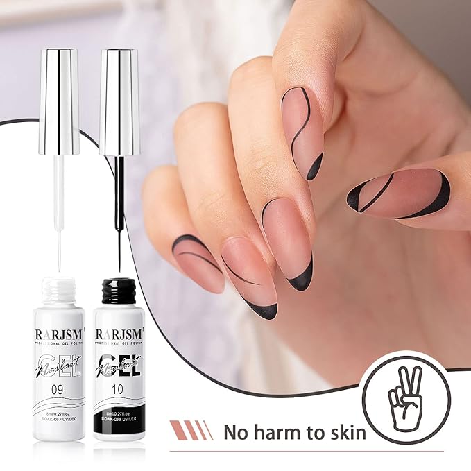 RARJSM Nail Art Gel,Liner Gel Polish,Black White Nail Design Polish Painted GelNailPolish Set 2Pcs Soak off Curing Requires 8ml Build in Thin Brush for Home Salon Diy Nails French Manicure Painting