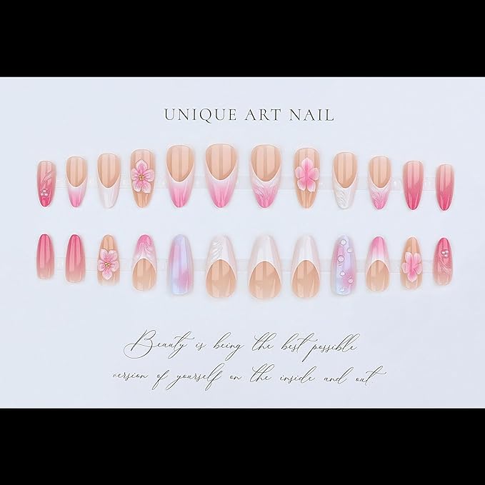Press on Nails Medium Almond, Pink Fake Nails with 5D Flower Design, Glossy Ombre Glue on Nail, Water Ripple French Tips Nails Press ons, Reusable Pearl Acrylic Nail for Women Manicure